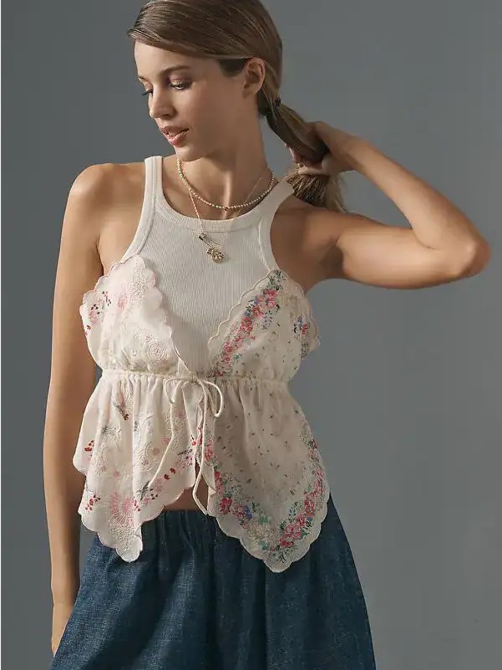 Anthropologie Cream Floral Lace-Trim Drawstring Camisole